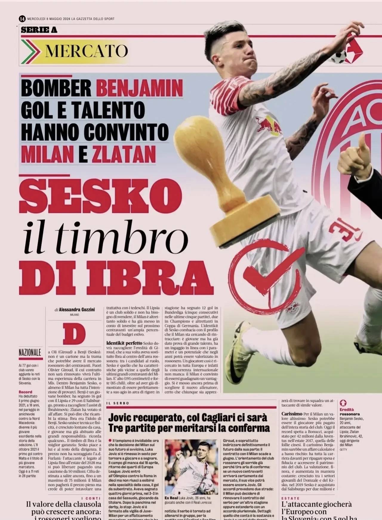 意甲媒体透露：伊布已批准了赛斯科的交易，斯洛文尼亚前锋加盟米兰进入快车道